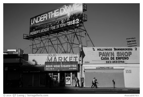 Street with liquor and pawn shops. Hollywood, Los Angeles, California, USA (black and white)