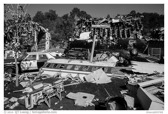 Movie set consisting of plane crash site, Universal Studios. Universal City, Los Angeles, California, USA (black and white)