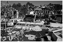 Movie set consisting of plane crash site, Universal Studios. Universal City, Los Angeles, California, USA ( black and white)