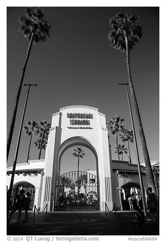 Entrance gate, Universal Studios. Universal City, Los Angeles, California, USA (black and white)