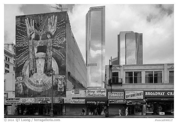 Broadway and high rises. Los Angeles, California, USA (black and white)