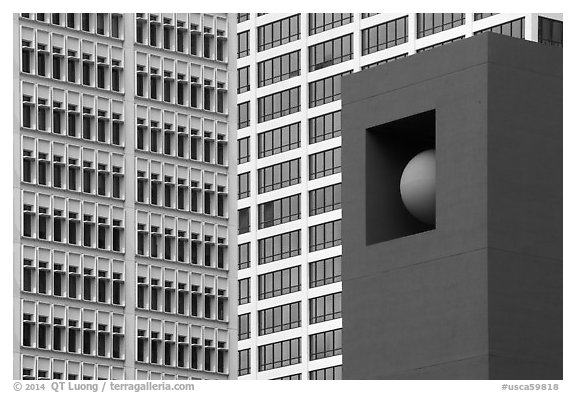 Sculpture detail and facades, Pershing Square. Los Angeles, California, USA (black and white)