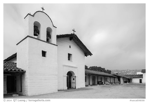 Chapel and Presidio. Santa Barbara, California, USA (black and white)
