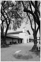 Chapel and Presidio seen through trees. Santa Barbara, California, USA ( black and white)