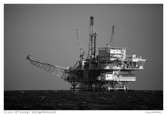 Offshore oil rig. California, USA (black and white)