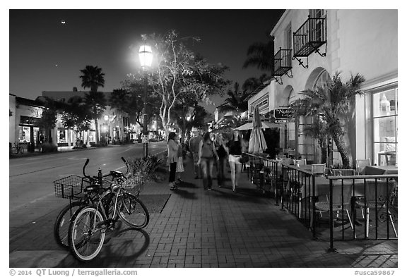 State Street at night. Santa Barbara, California, USA (black and white)
