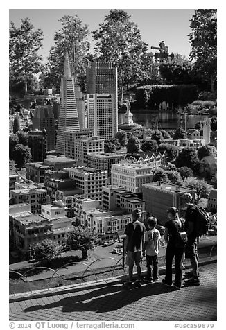 Familly looks at San Francisco built from legos, Legoland, Carlsbad. California, USA (black and white)