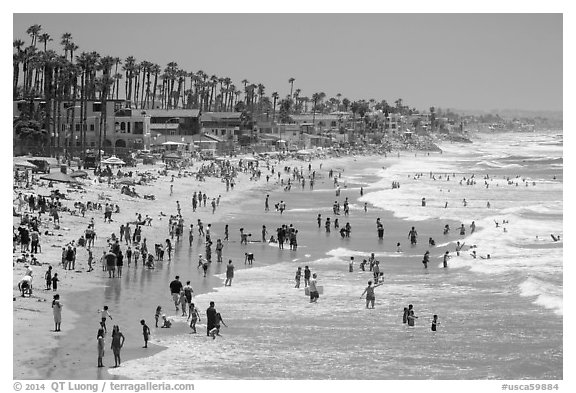 Crowded beach in summer, Oceanside. California, USA (black and white)