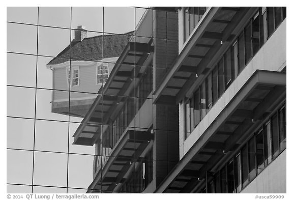 Reflection of Fallen Star sitting atop building, University of California. La Jolla, San Diego, California, USA (black and white)