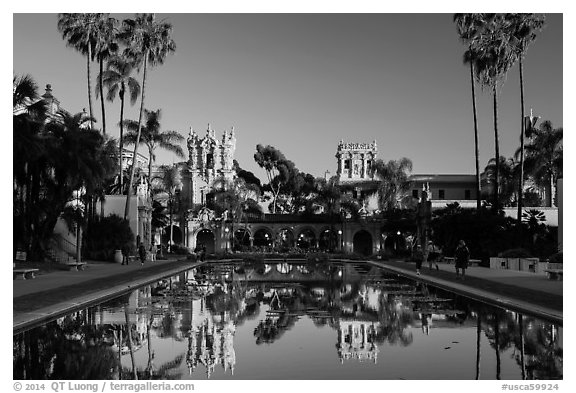 House of Hospitality and Casa de Balboa at sunset. San Diego, California, USA (black and white)