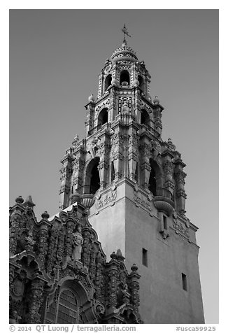 Museum of Man tower at sunset. San Diego, California, USA (black and white)