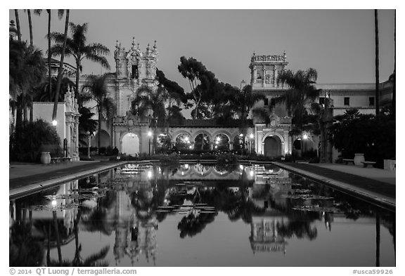 Casa de Balboa, Colonade, and House of Hospitality at dusk. San Diego, California, USA (black and white)