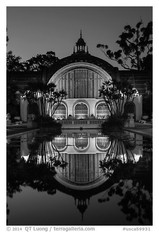 Botanical Building reflected at night. San Diego, California, USA (black and white)