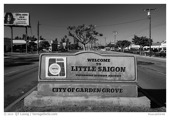 Little Saigon sign. Garden Grove, Orange County, California, USA (black and white)