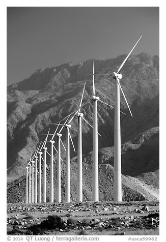 Wind farm and mountains at San Gorgonio Pass. California, USA (black and white)