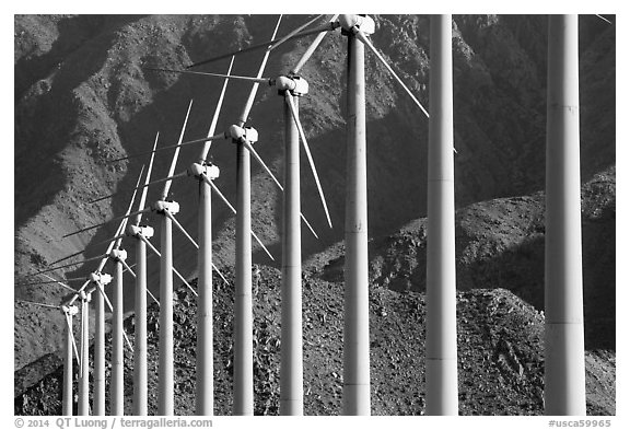 Row of Wind turbines, San Gorgonio Pass. California, USA (black and white)