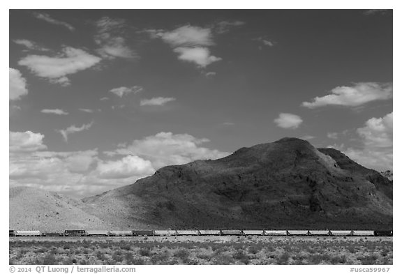 Freight train in desert. California, USA (black and white)