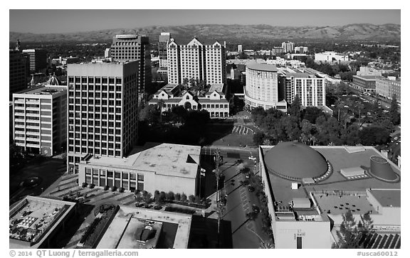 Aerial view of Tech Museum and Plaza de Cesar Chavez. San Jose, California, USA (black and white)