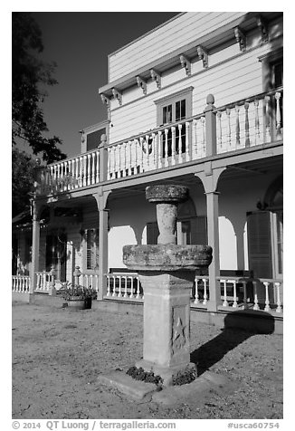 Fountain and Zanetta House, San Juan Bautista State Historical Park. San Juan Bautista, California, USA (black and white)