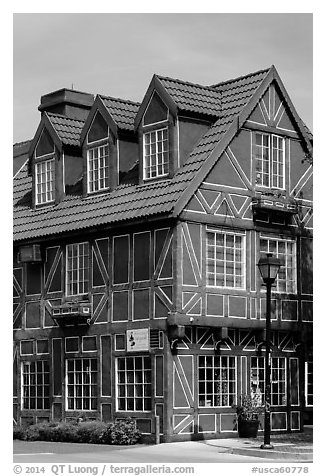 Red half-timbered building. Solvang, California, USA (black and white)