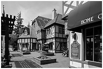 Court with half-timbered buildings. Solvang, California, USA ( black and white)