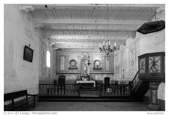 Chapel interior, La Purísima Mission. Lompoc, California, USA (black and white)