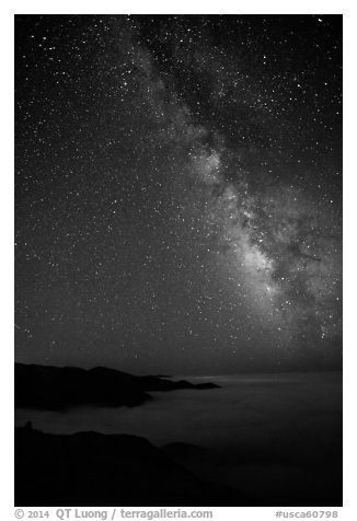 Sky at night with Milky Way above sea of clouds, Garrapata State Park. Big Sur, California, USA (black and white)