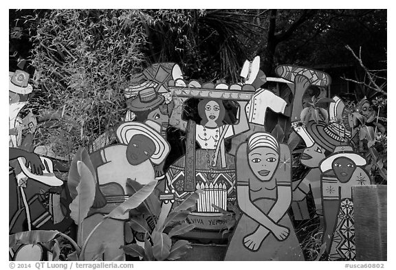 Painted cutouts in garden. Big Sur, California, USA (black and white)