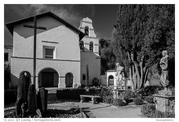 Church and bell tower, Mission San Juan Bautista. San Juan Bautista, California, USA (black and white)