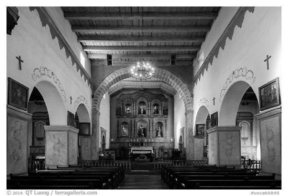 Church interior, Mission San Juan Bautista. San Juan Bautista, California, USA (black and white)
