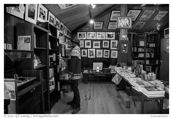 Visitor browsing, Henry Miller Memorial Library. Big Sur, California, USA (black and white)