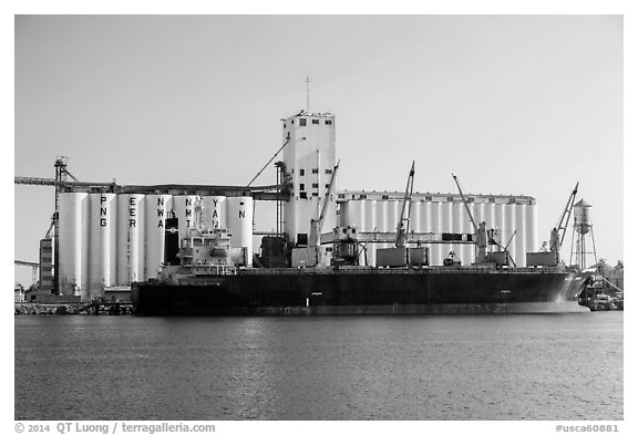 Grain silo and cargo boat, Stockton. California, USA (black and white)