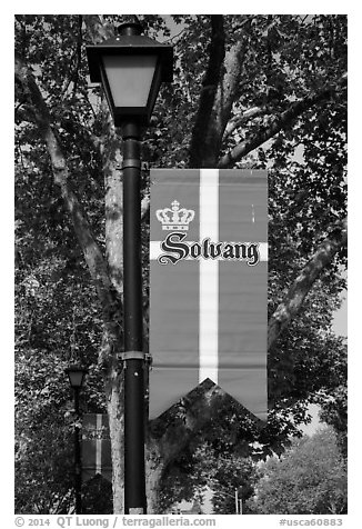 Flag with Danish colors. Solvang, California, USA (black and white)