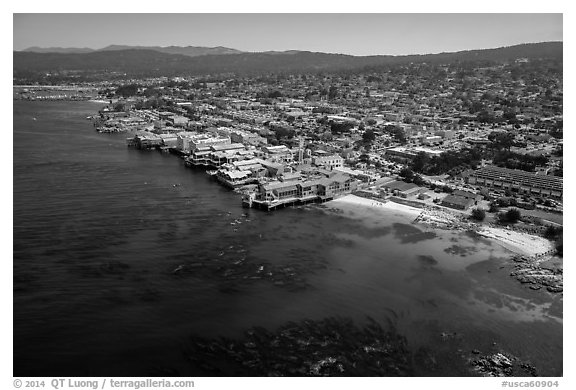 Aerial view of Aquarium and Cannery Row waterfront. Monterey, California, USA (black and white)