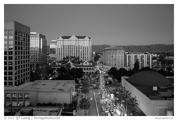 Aerial view of downtown at dusk during holidays. San Jose, California, USA (black and white)
