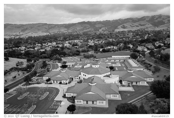 Aerial view of Silver Oak school and Evergreen hills. San Jose, California, USA (black and white)
