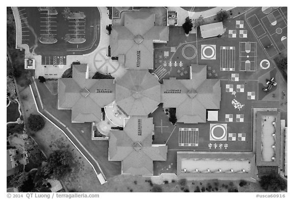Aerial view of Silver Oak school roofs and courtyards. San Jose, California, USA (black and white)