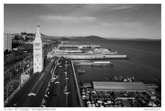 Aerial view of Ferry Building and piers. San Francisco, California, USA (black and white)