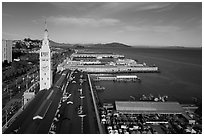 Aerial view of Ferry Building and piers. San Francisco, California, USA ( black and white)