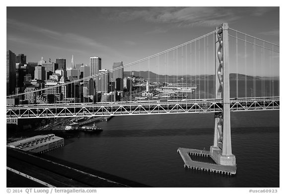 Aerial view of Bay Bridge and Embarcadero. San Francisco, California, USA (black and white)