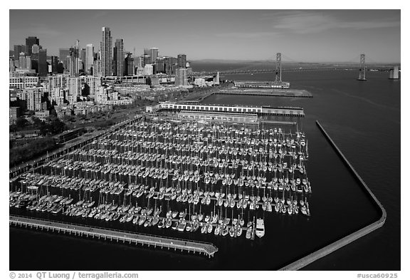 Aerial view of South Beach Harbor, downtown, and Bay Bridge. San Francisco, California, USA (black and white)