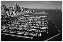 Aerial view of South Beach Harbor, downtown, and Bay Bridge. San Francisco, California, USA ( black and white)