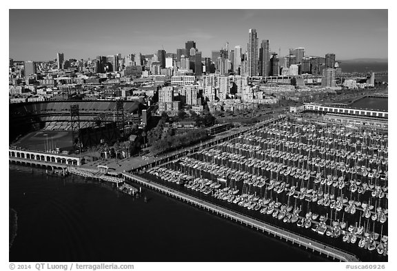 Aerial view of South Beach Harbor, ATT Park, and downtown. San Francisco, California, USA (black and white)
