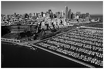 Aerial view of South Beach Harbor, ATT Park, and downtown. San Francisco, California, USA ( black and white)