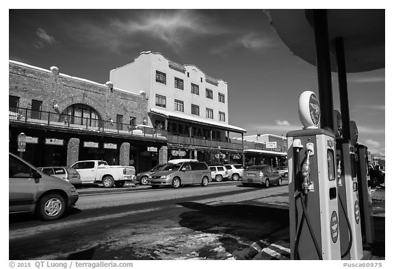 Gas station and street, Truckee. California, USA (black and white)