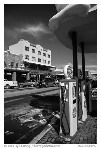 Gas pumps and street, Truckee. California, USA (black and white)