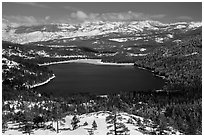 Donner Lake and snowy mountains in winter. California, USA ( black and white)