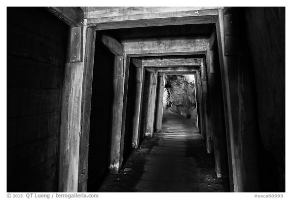 Gallery with wooden support beams, Gold Bug Mine, Placerville. California, USA (black and white)