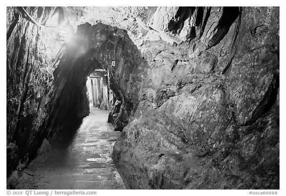 Mine gallery carved in rock, Gold Bug Mine, Placerville. California, USA (black and white)