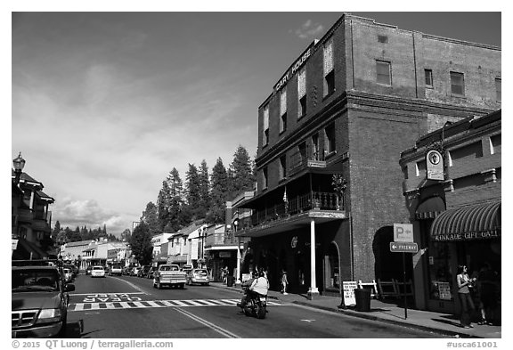 Brick building and main street, Placerville. California, USA (black and white)